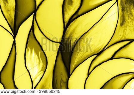 Photo Of A Small Fragment Of A Beautiful Stained Glass Toned In Trendy Yellow Color. Mockup For Your