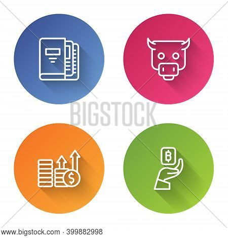 Set Line Office Folders, Bull Market, Financial Growth And Dollar And Hand Holding Bitcoin. Color Ci