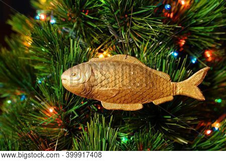 Gold Fish. Vintage Christmas Ornament. Antiques Dresden Cardboard.