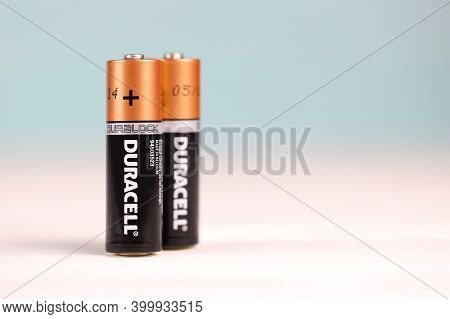 Duracell Batteries On White Background. Duracell Is An American Brand Of Batteries And Smart Power S