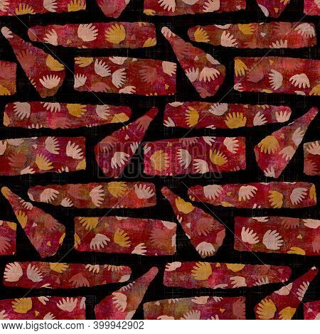 Seamless Dark Geometric Block Print Background. Boho Ethnic Soft Furnishing Fabric Style. Tie Dye Pa