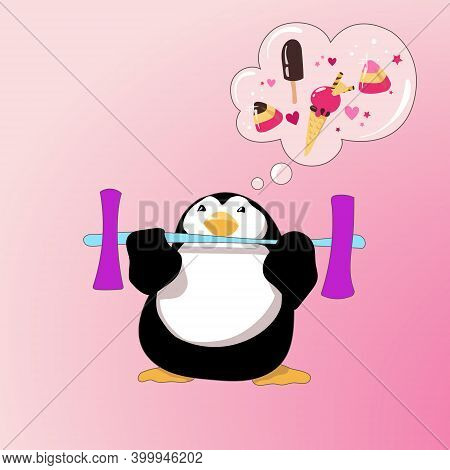 Cartoon Penguin Keeps On Training Though In His Dreams He Is Far Away From The Gym. Vector Illustrat