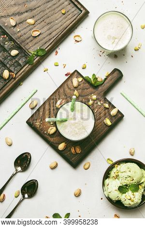 Cold Summer Non-dairy Pistachio Cocktail With Mint, Gray Kitchen Table Background, Place For Text, T