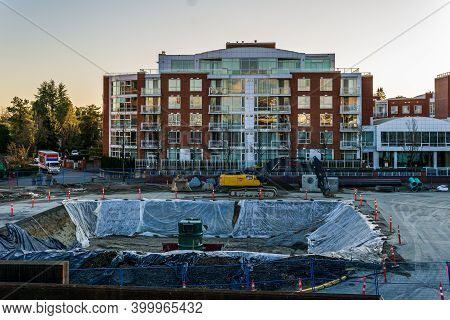 Vancouver, Canada - March 06, 2020: Large Construction Site At Oakridge Mall Construction Machinery