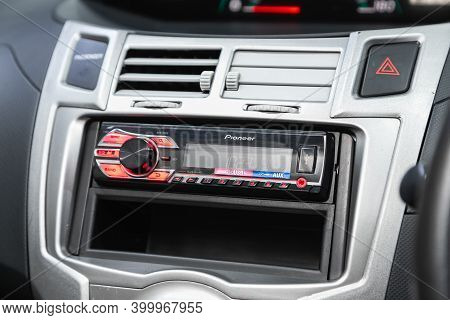 Novosibirsk, Russia - December 17, 2020:  Toyota Vitz, Audio Stereo System, Control Panel And Cd In 