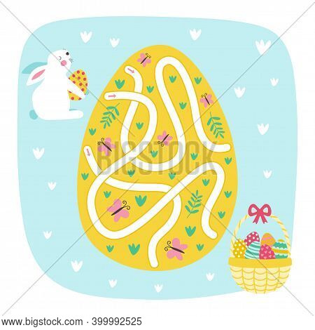 Easter Maze Game. Rabbit Way To The Easter Egg. Game For Kids. Vector