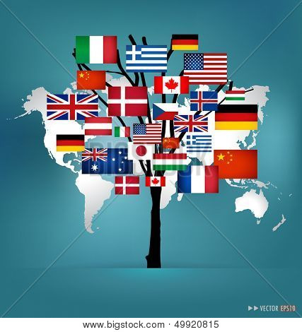 World flag tree concept. Vector illustration.