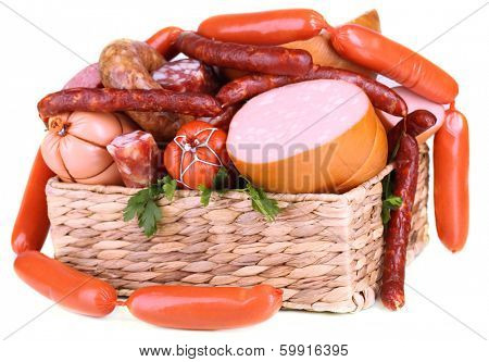 Lot of different sausages in basket isolated on white