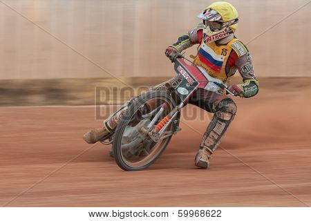 EGGENDORF,  AUSTRIA - APRIL 28 Denis Stojs (#15 Slovenia) wins the Austrian speedway championship on April 28, 2013 in Eggendorf, Austria.
