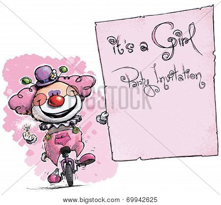 Clown On Unicycle Holding Invitation-it's A Girl Party
