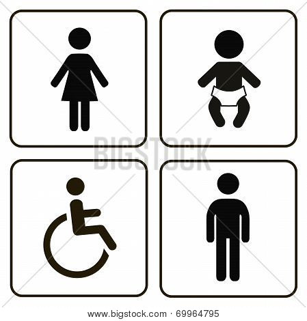 Vector restroom icons: lady, man, child and disability