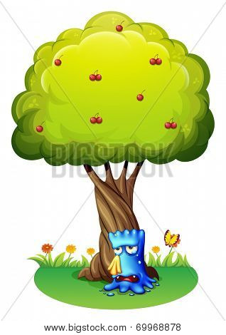 Illustration of a blue monster sobbing under the tree on a white background