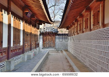 Corridor Between Traditional Architectures In Gyeongbokgung, Korea