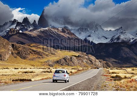 Mount Fitz Roy in the clouds, road to Los Glaciares National Park, Patagonia, Argentina