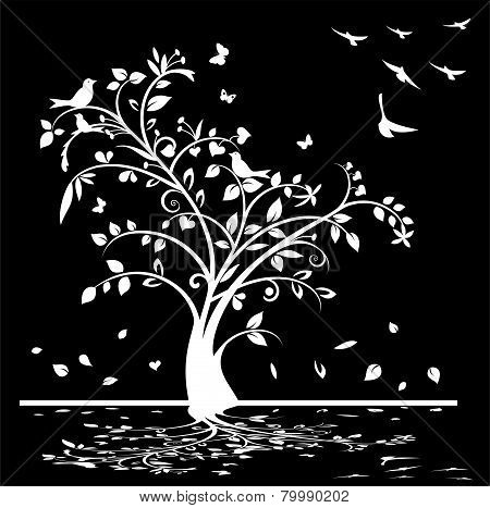 Background with Tree, Birds And Butterflies