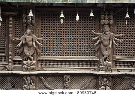 Wooden Carvings On A Hindu Temple In Kathmandu, Nepal. Now Destroyed By The Powerful Earthquake That