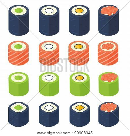 Sushi Set In A Flat Style Of Traditional Japanese Cuisine. Isome