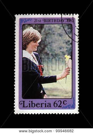 Liberia - Circa 1982: Cancelled Stamp Printed In Liberia Shows 21St Birthday Of Princess Diana, Circ