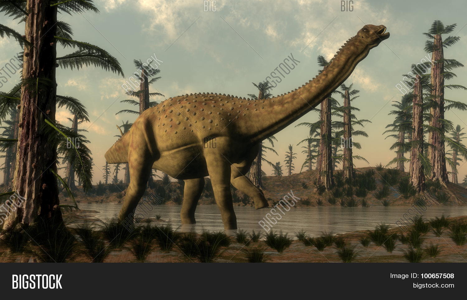 uberabatitan dinosaur walking in the lake among tempskya trees