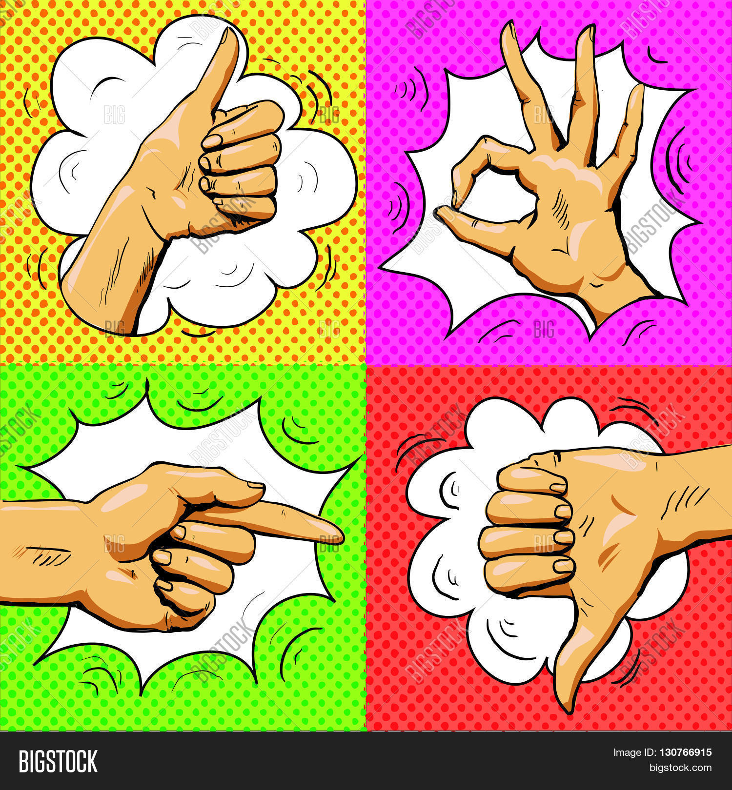 hand signs in retro pop art style. cartoon comic vector set.