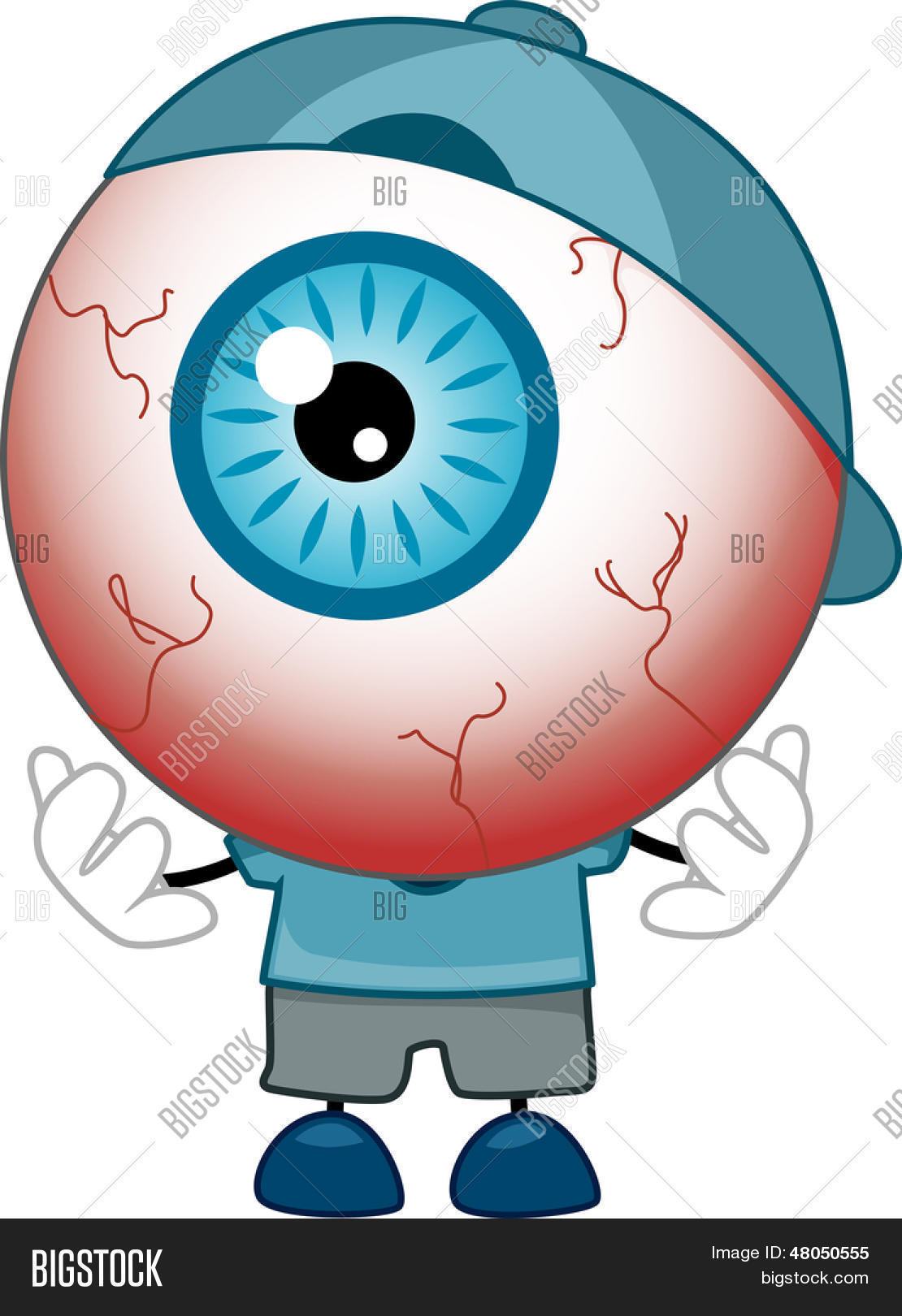 red-eyed 眼球吉祥物穿蓝衬衫, 帽和鞋的插图 库存矢量图和库存照片