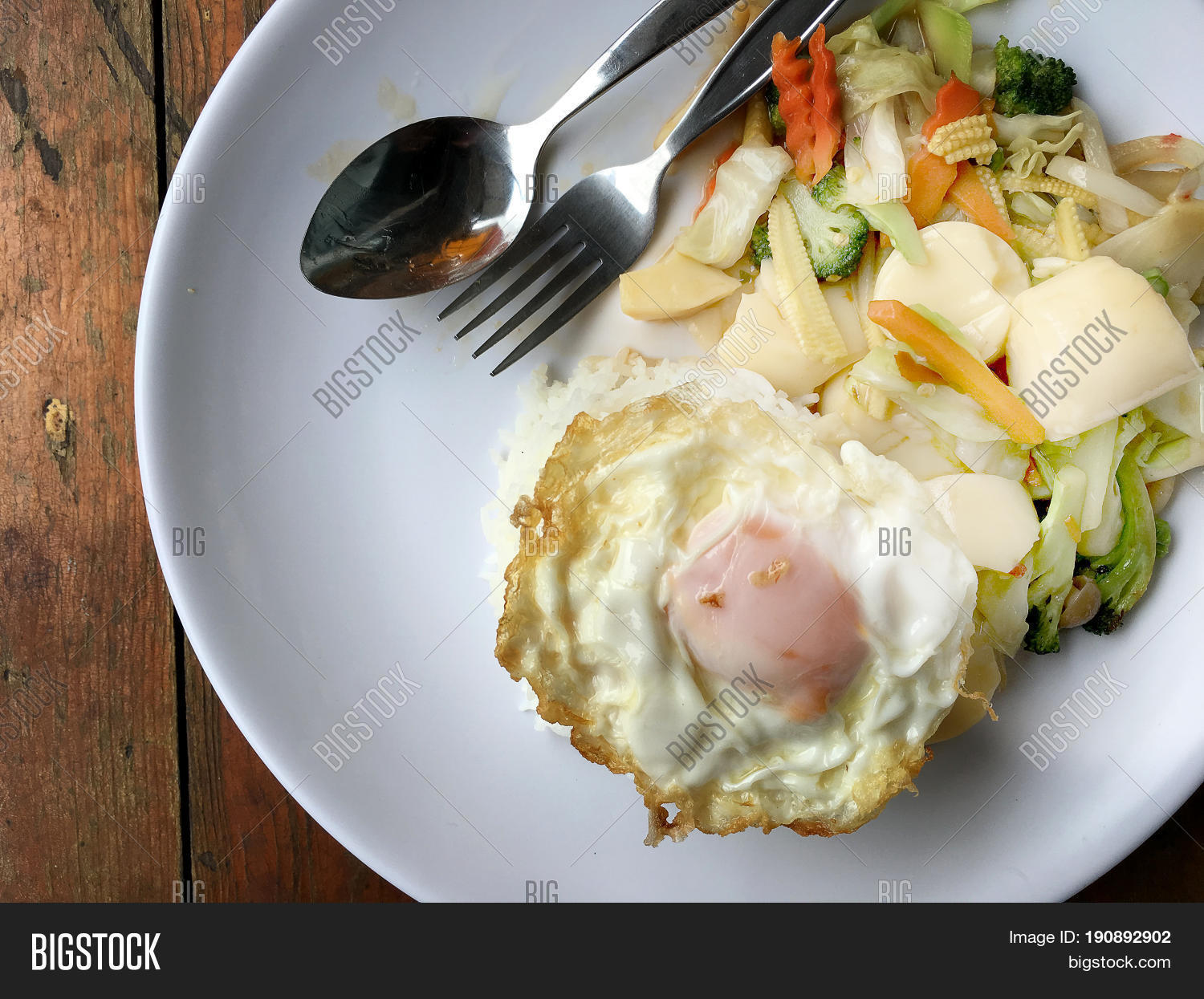 stir-fried mixed vegetables with tofu and fried egg with rice in