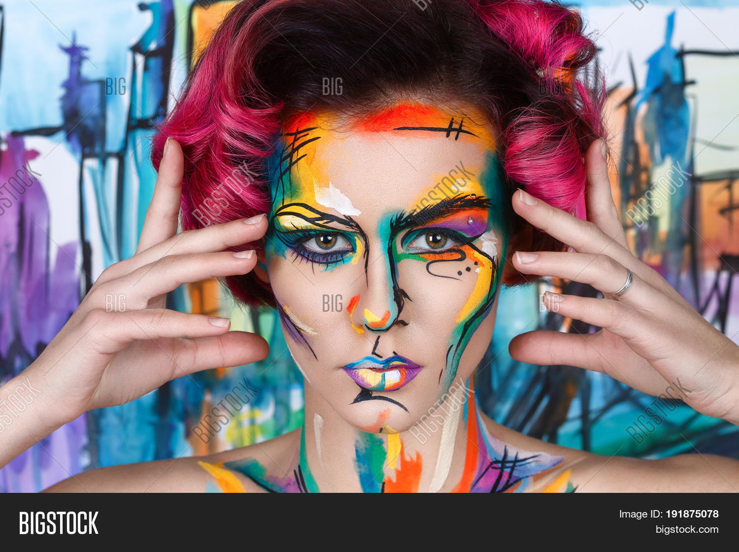 surrealist faceart portrait of young girl with art painting