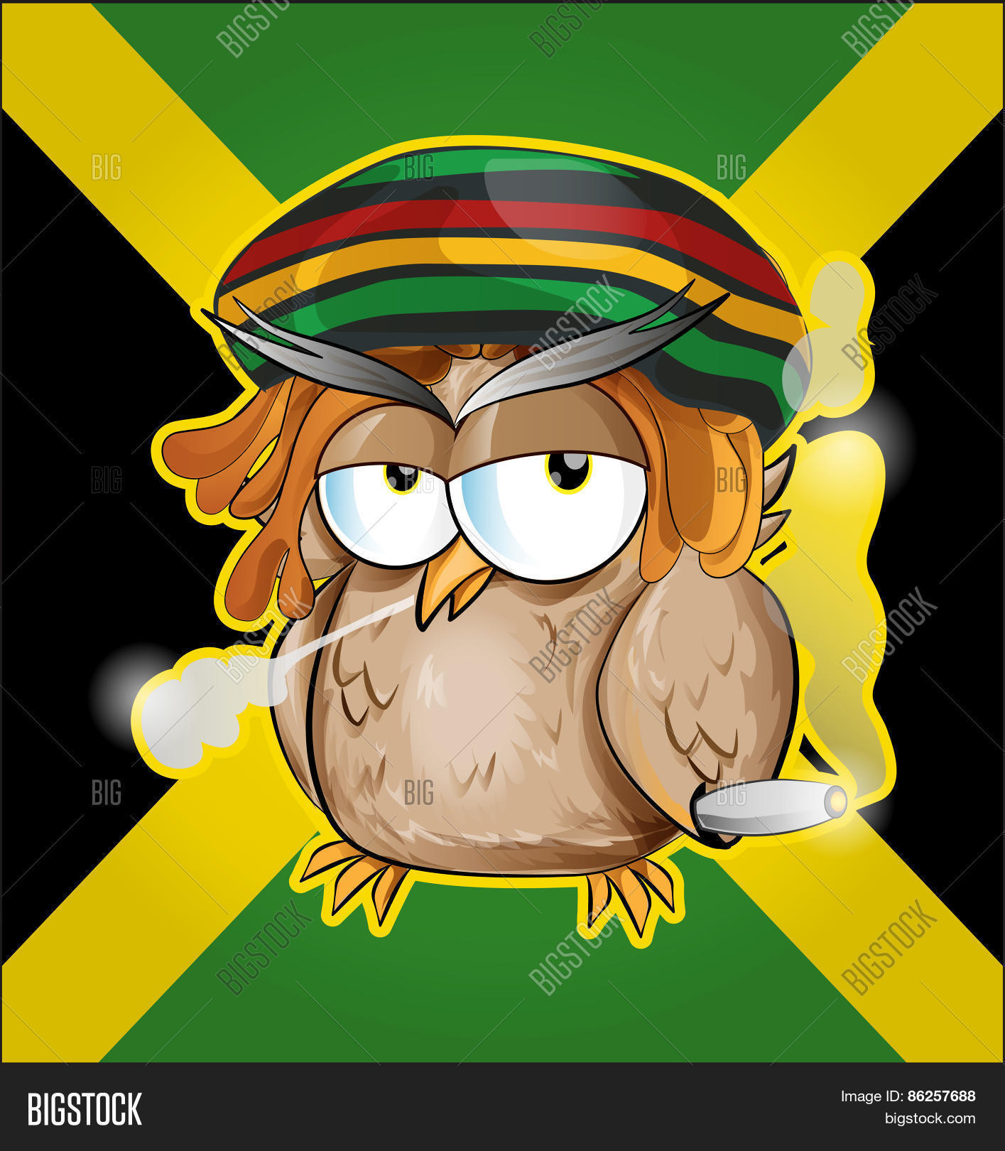 rastafarian owl cartoon on jamaican flag