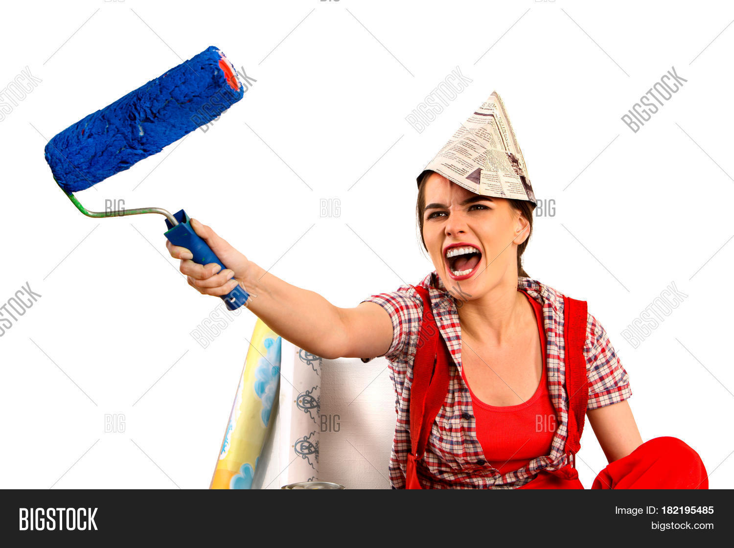 repair home woman holding paint roller for wallpaper.