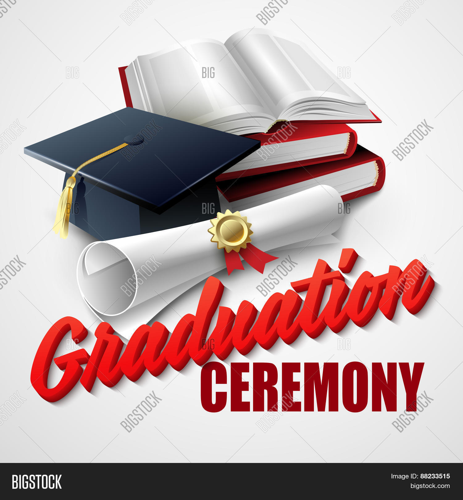 graduation ceremony. book, hat and certificate.