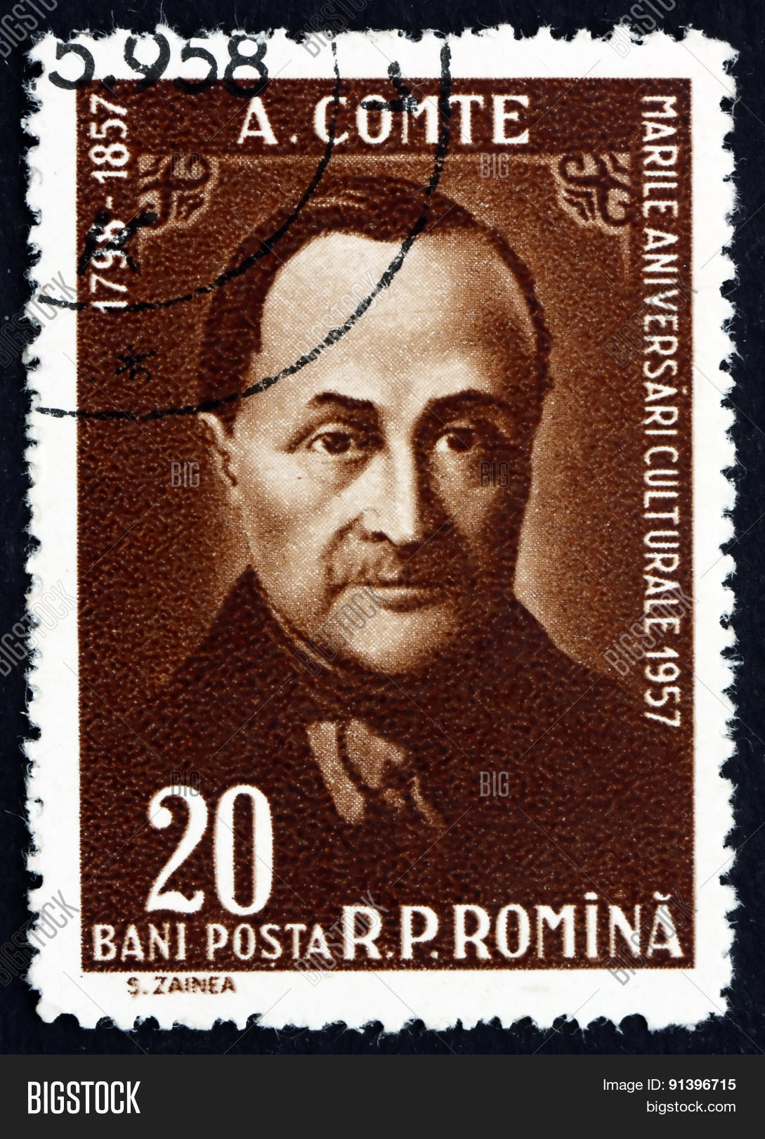 postage stamp romania 1958 auguste comte, french philosopher