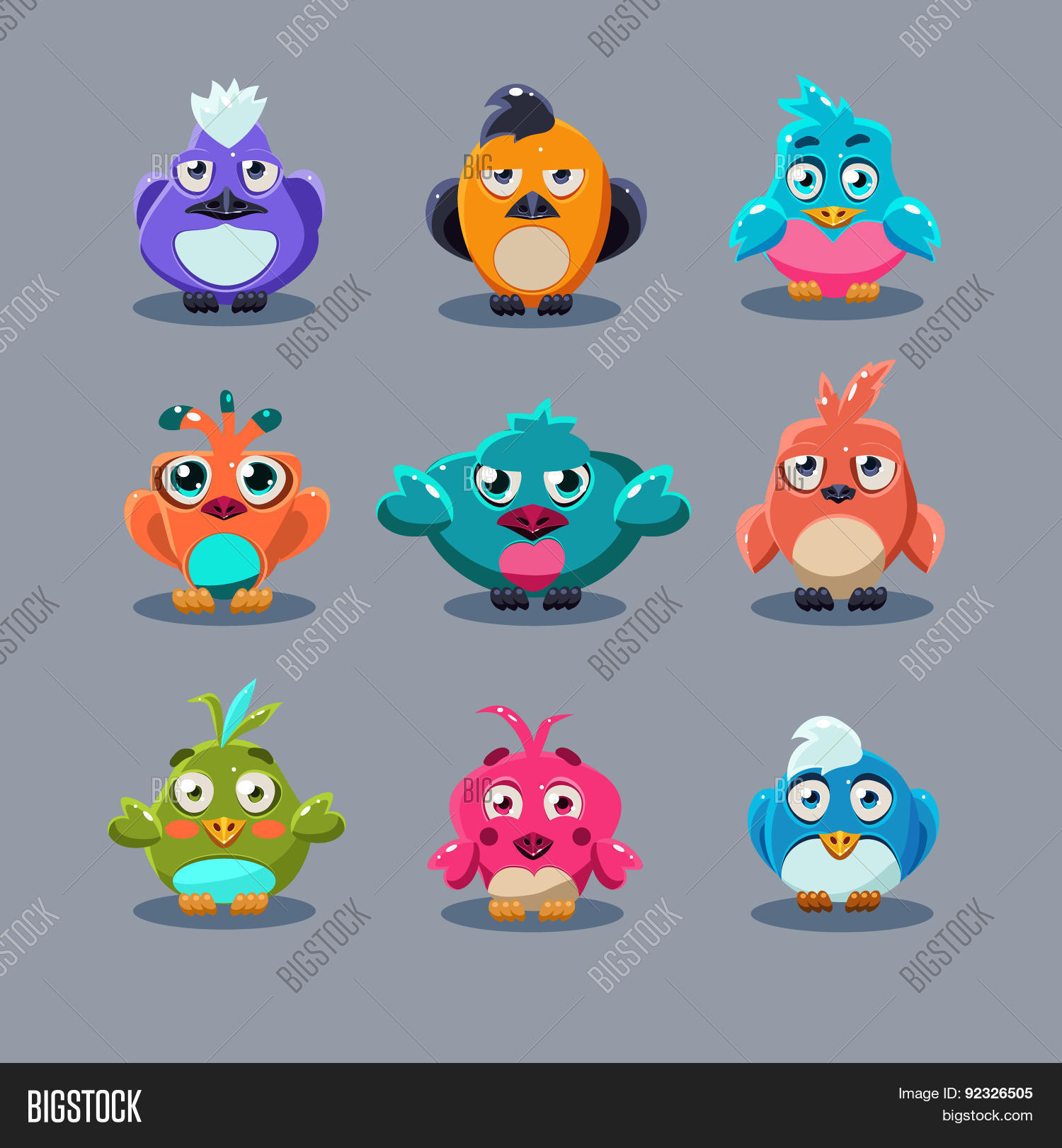 funny cartoon birds vector illustration set game style