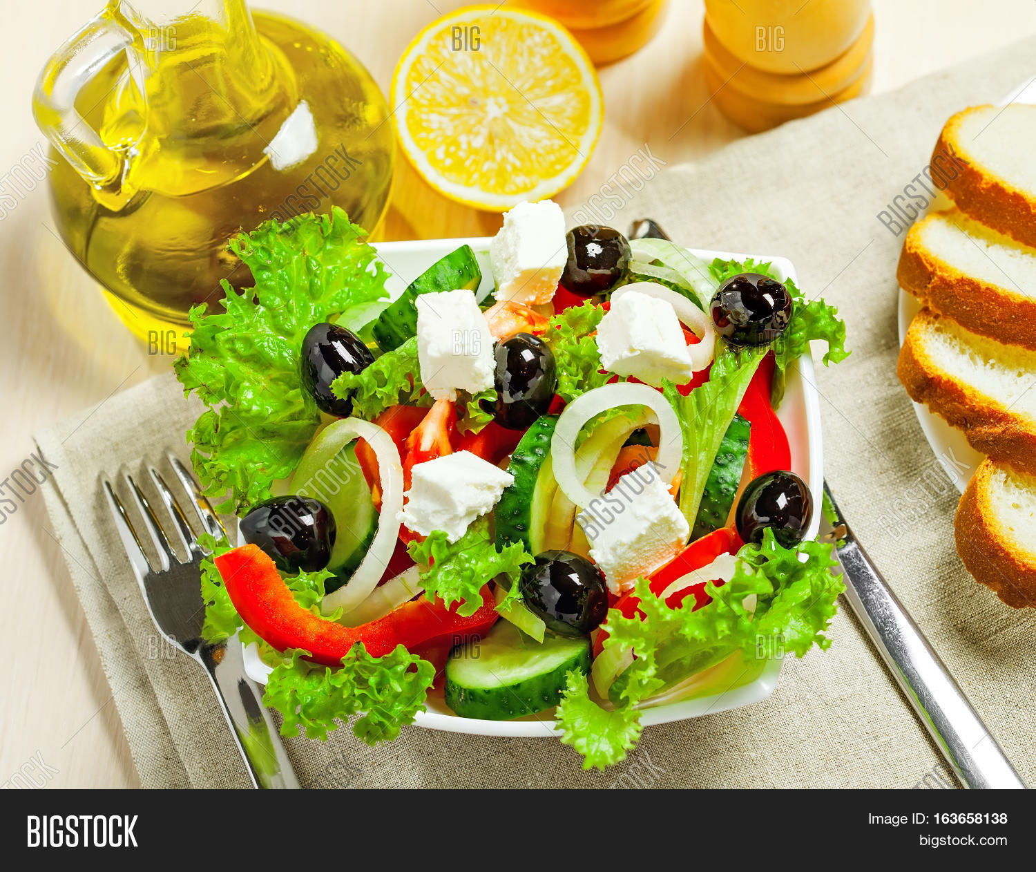 greek vegetable salad with feta cheese top view