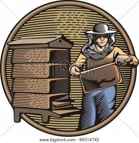 organic farming. retro woodcut style.