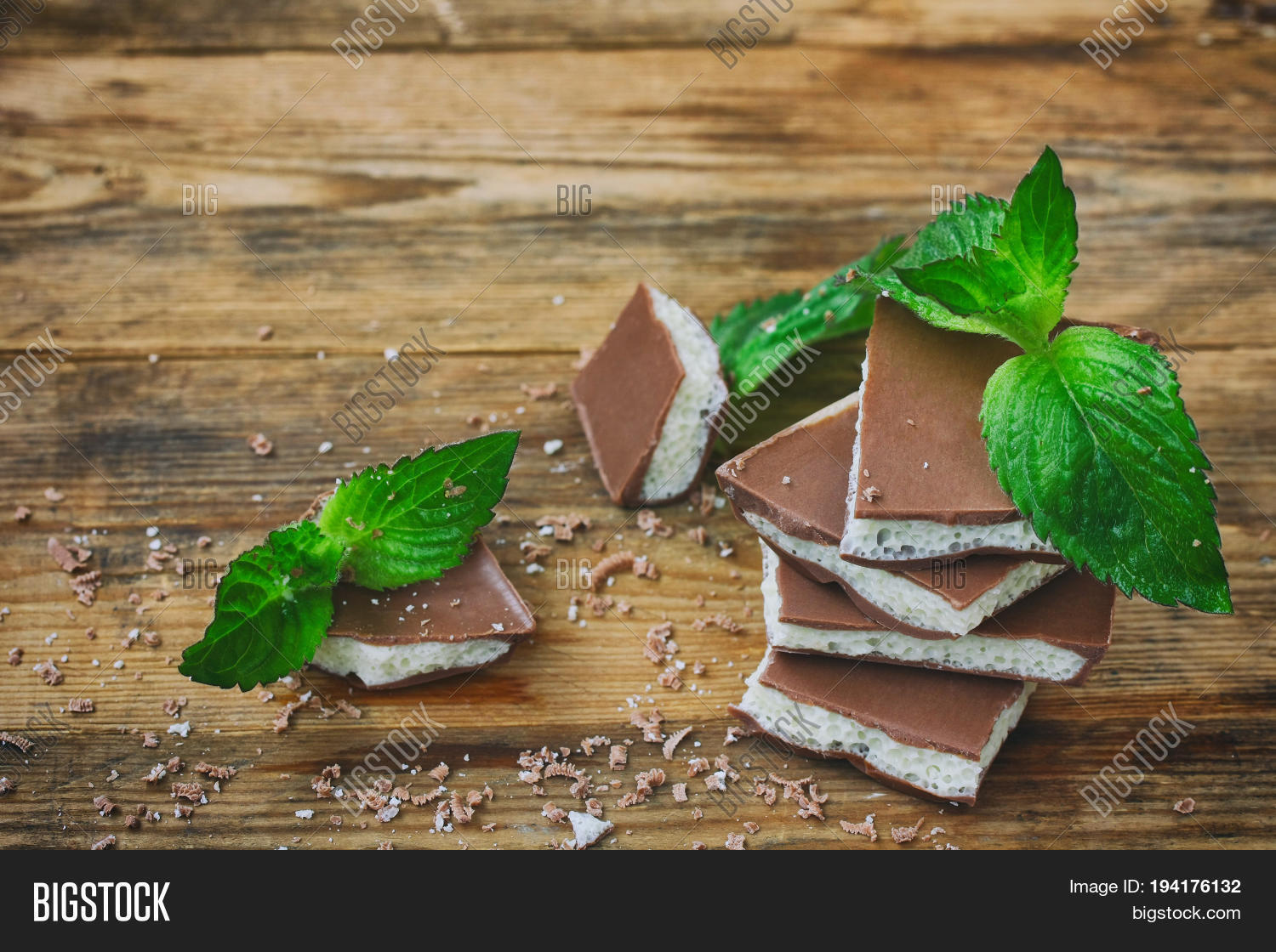 milky porous white and dark chocolate with mint leaves and