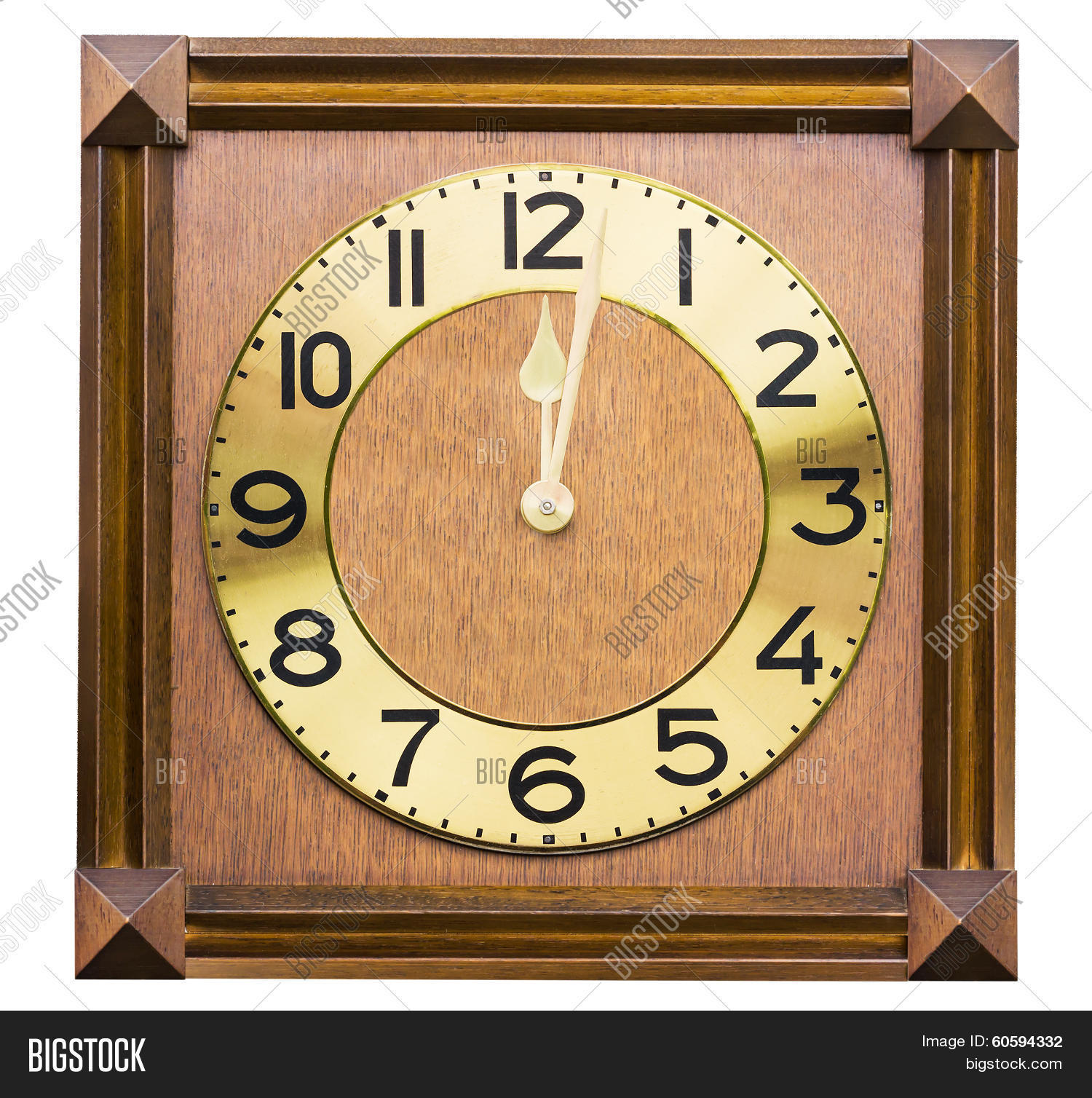 old antique wall clock is handmade woodcraft on white