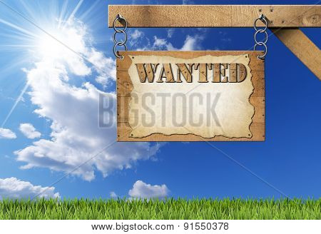 wanted - wooden sign with chain