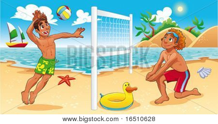 沙滩排球现场.可爱的卡通和矢量体育的插图.隔离的对象