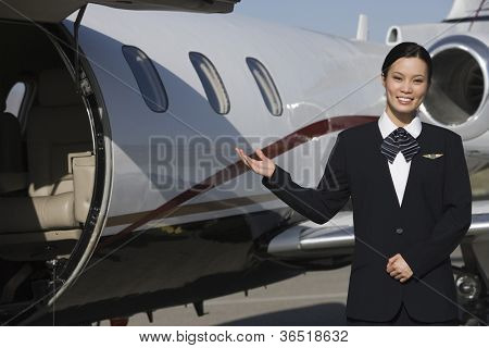 美丽的空姐打手势的飞机在机场的肖像