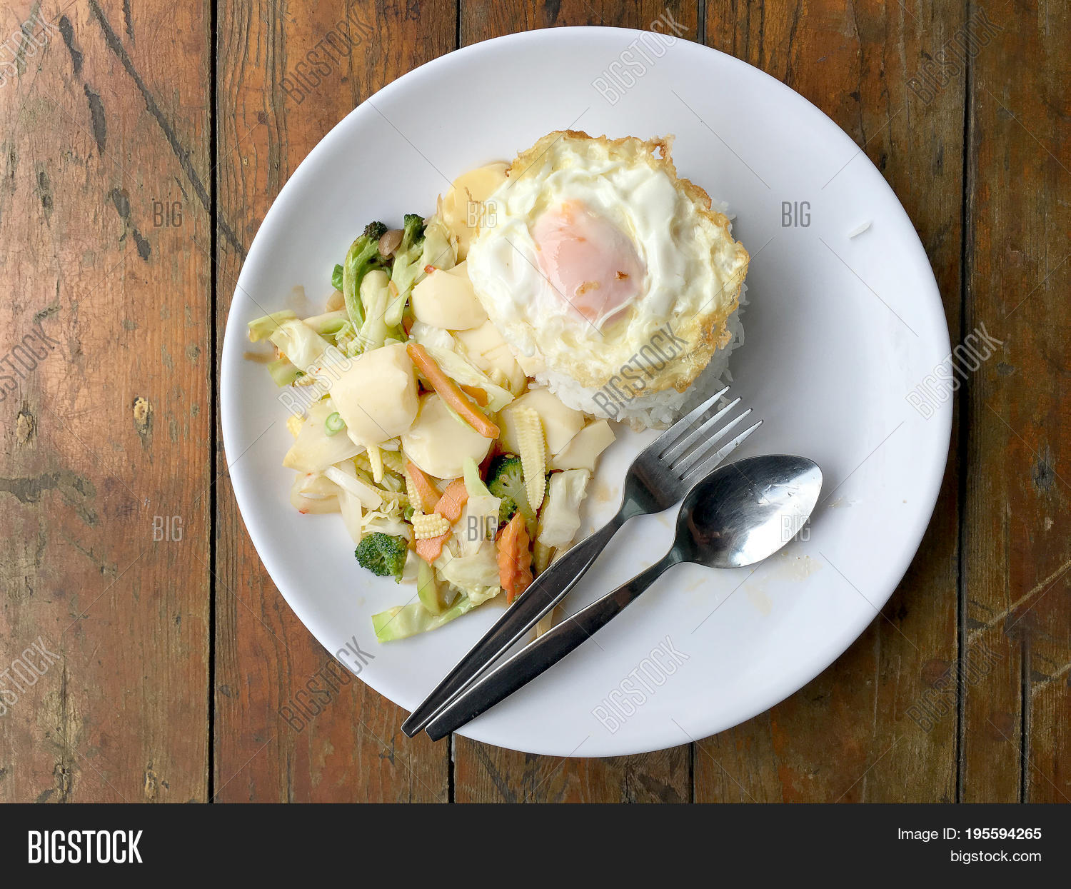 stir-fried mixed vegetables with tofu and fried egg with rice in