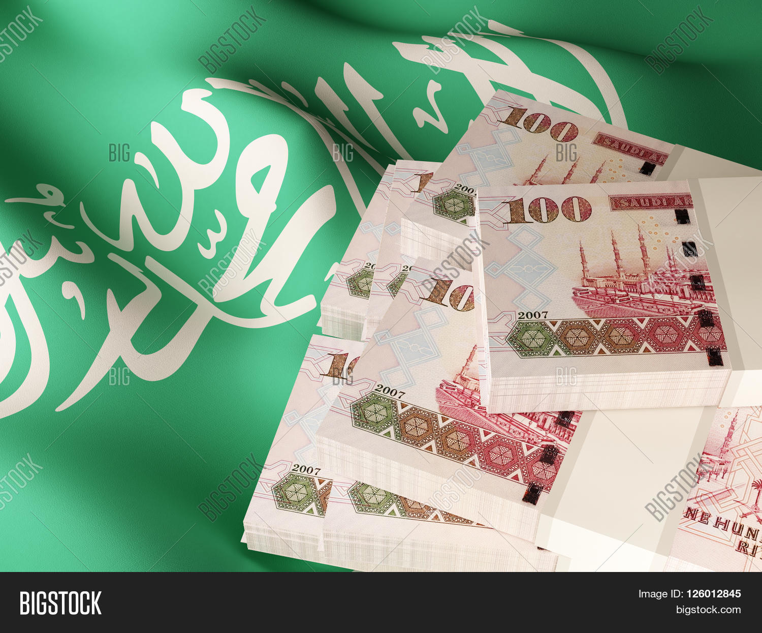 saudi riyal banknote bundles textile textured saudi flag.