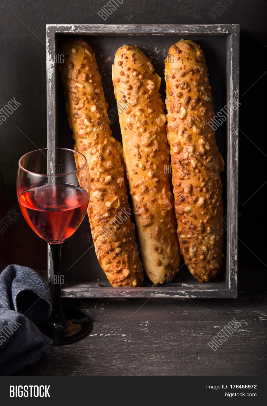 homemade freshly baked french baguettes. rustic style.