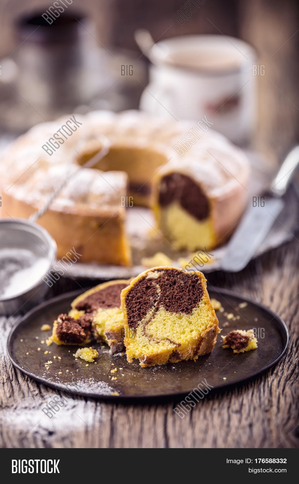 marble cake cup of coffee powder sugar and kitchen vintage