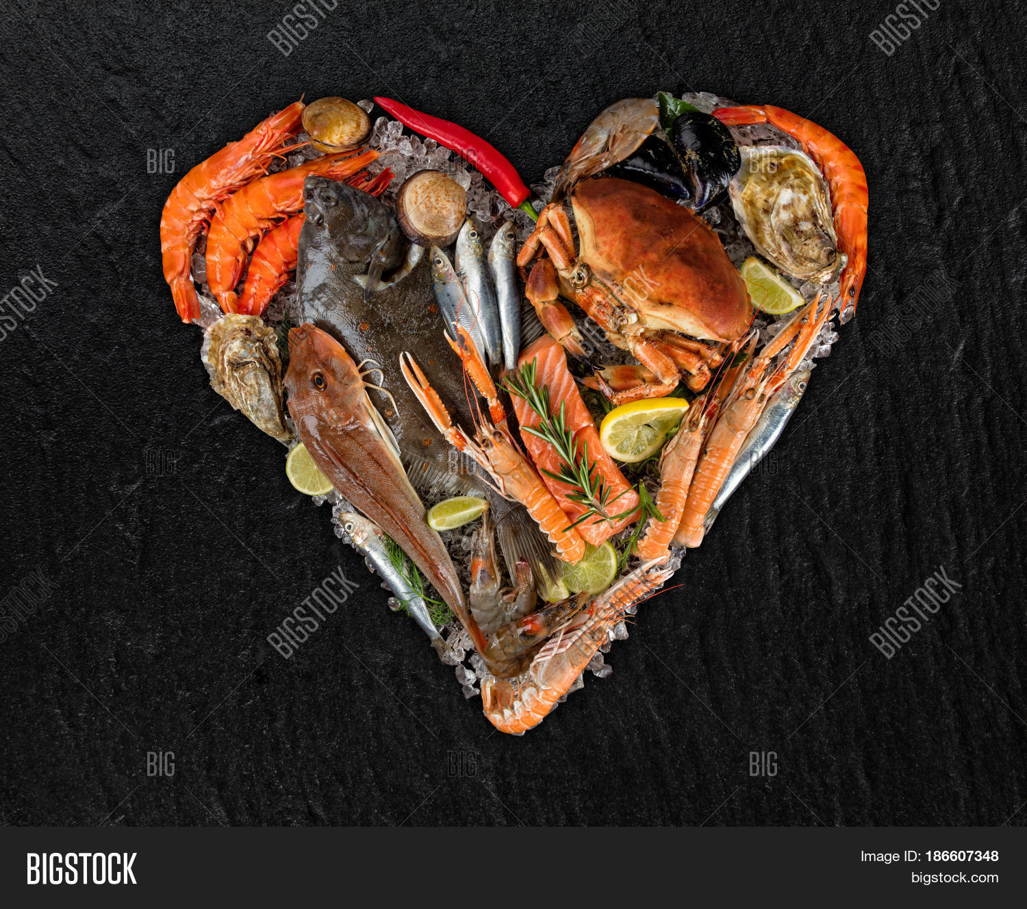 prawns, fish, crab, salmon steak, mackerel and other shells in