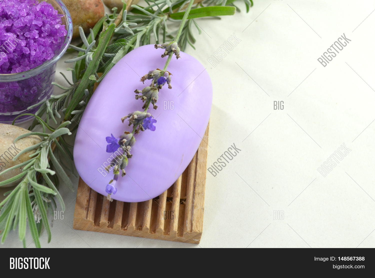 natural soap with lavender on a stand, sprigs of lavender, sea