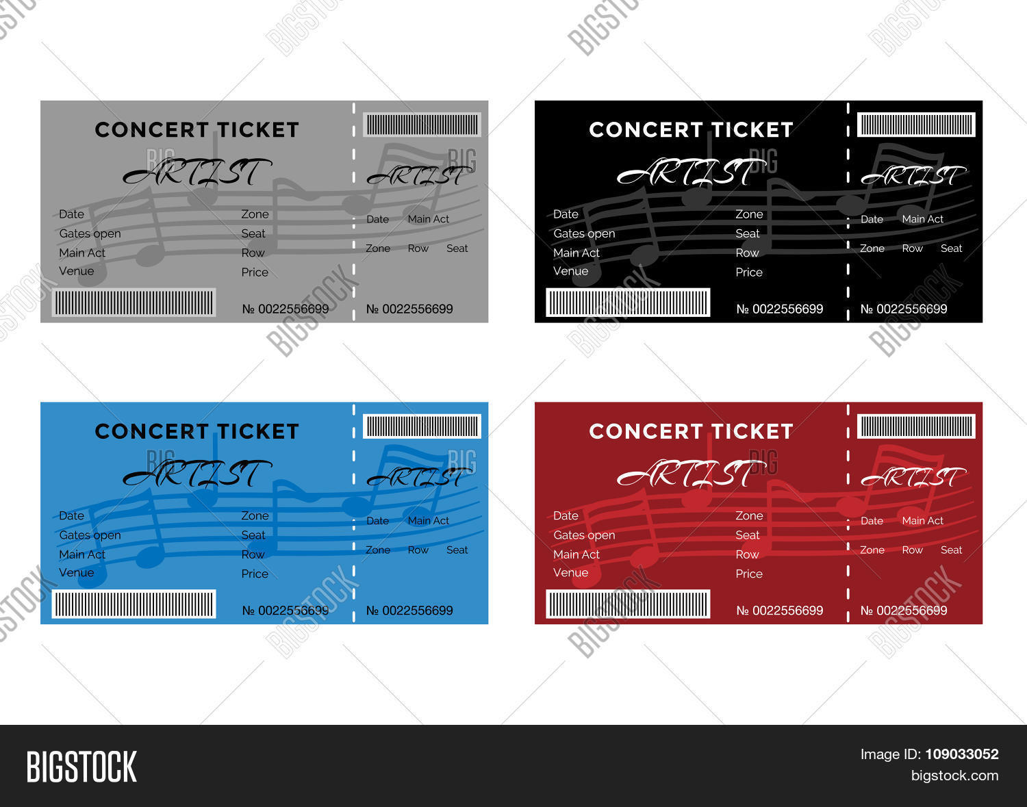 set of colorful concert tickets with musical notes.