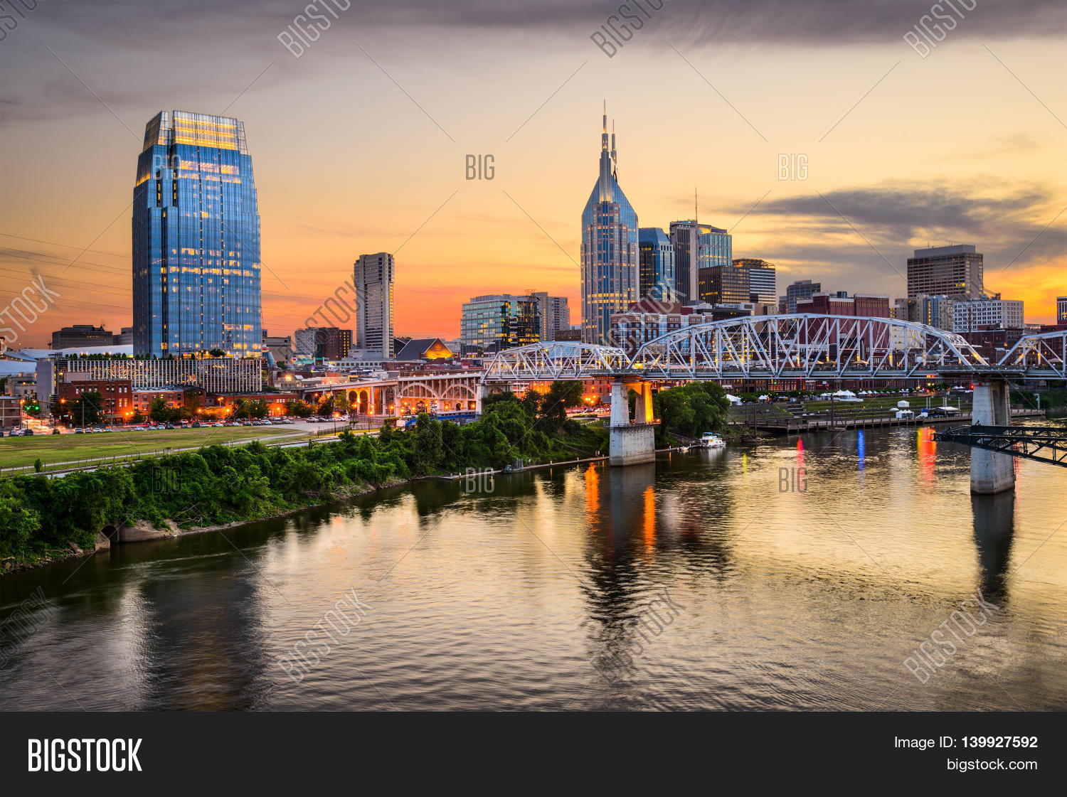nashville, tennessee downtown skyline at shelby street bridge.